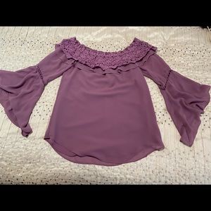 WHITE HOUSE BLACK MARKET Bell Sleeve Shoulder Shirt with Lace Neck Detail